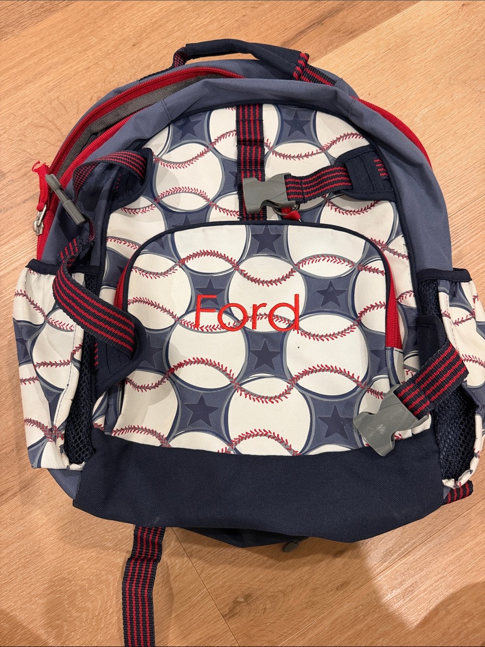 Pottery Barn Kids Navy, White & Red Baseball Monogram Backpack